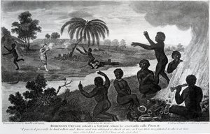 Robinson Crusoe bevrijdt een Wilde, die hij daarna Vrijdag noemt, illustratie uit 